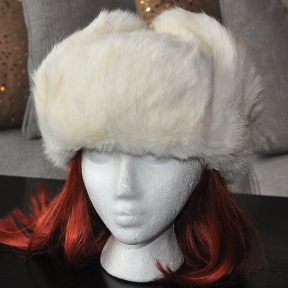 Rabbit Fur Ivory Trapper Hat Ear Flap Après Ski SM Unisex - Picture 1 of 11